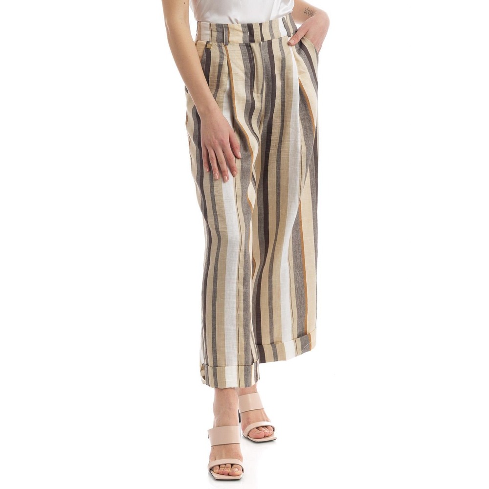 Manila Grace Striped‎ Wide Leg Linen Blend Pants Beige Brown Women's Size 4